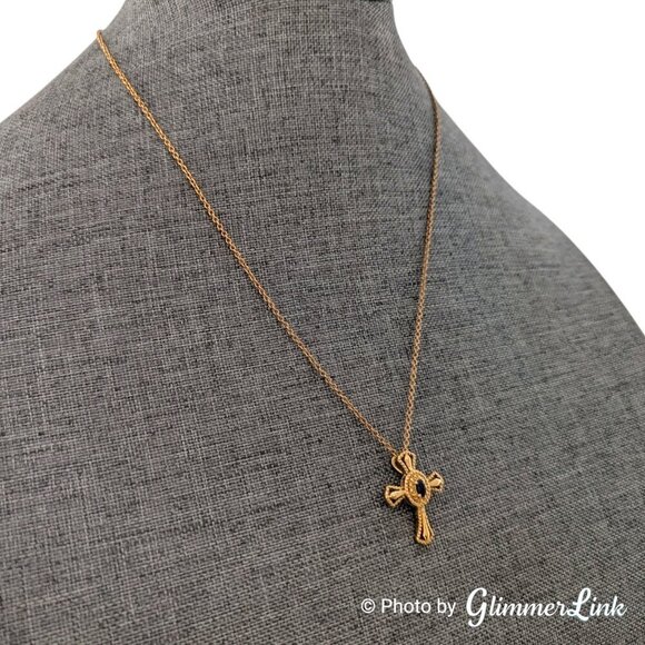 STS Karis Dark Blue Sapphire Religious Cross Gold Plated Pendant Necklace - Picture 2 of 13